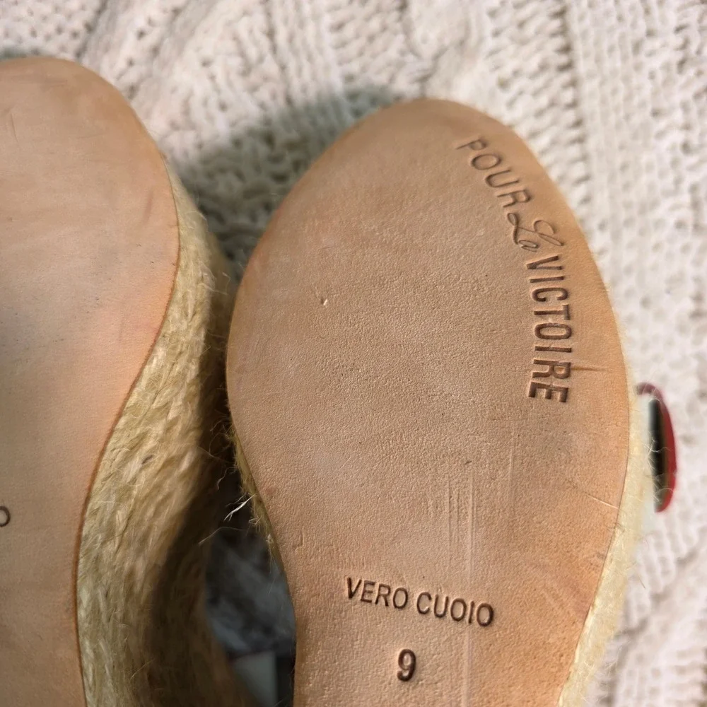 Pour La Victoire Wedge Sandals Ice Blue Red Leather‎ Espadrille Womens 9 NEW